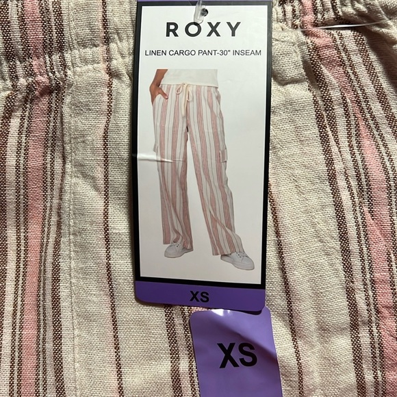 New Roxy Women's Linen Blend Cargo Pant lightweight pink Stripes XS - Picture 4 of 4